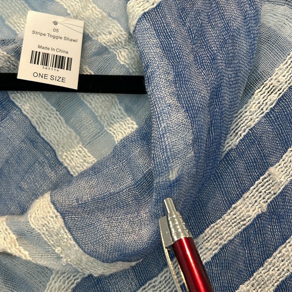 Blue and white striped wrap shawl/beach cover up fringes One Size - Picture 12 of 17